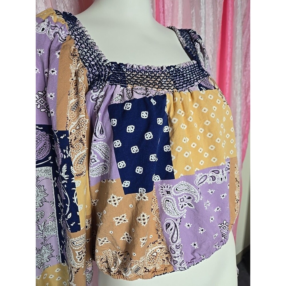 Wrangler Western Patchwork Bell Sleeves Boho Crop Top Size Medium - Picture 7 of 13